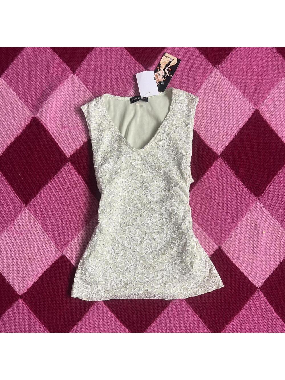 y2k green sparkly lace v neck top